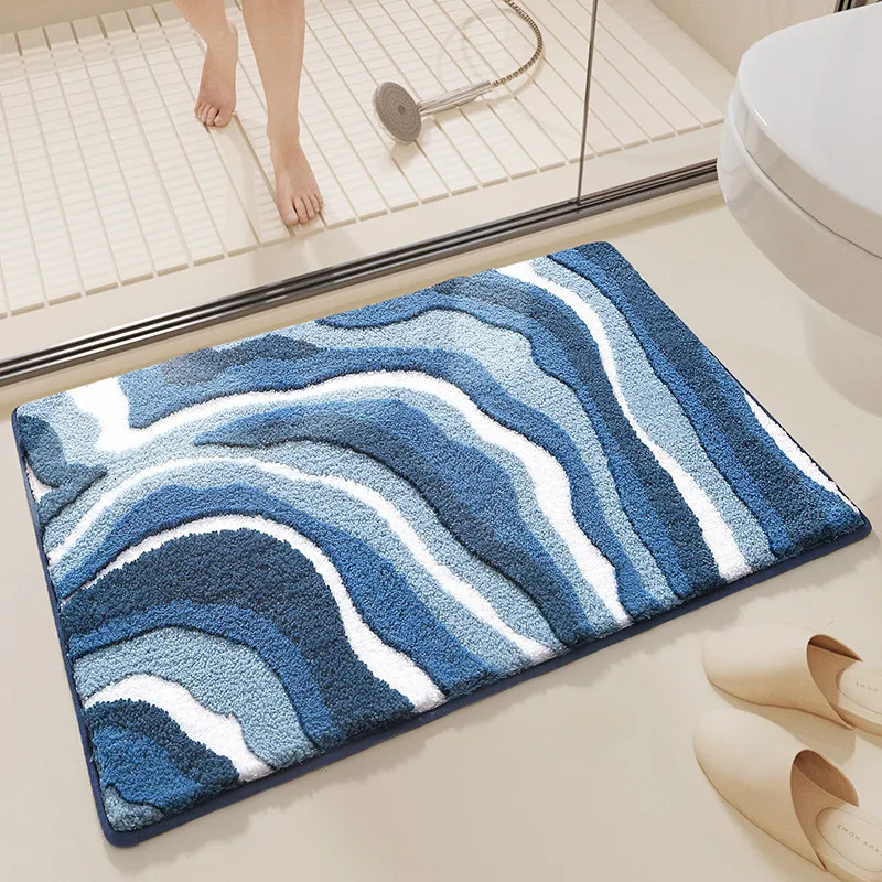 Teppich mit blauem Meereswellenmuster, hochwertiger, rutschfester, wasserabsorbierender Boden für Badezimmer, Tür, Toilette, 230825