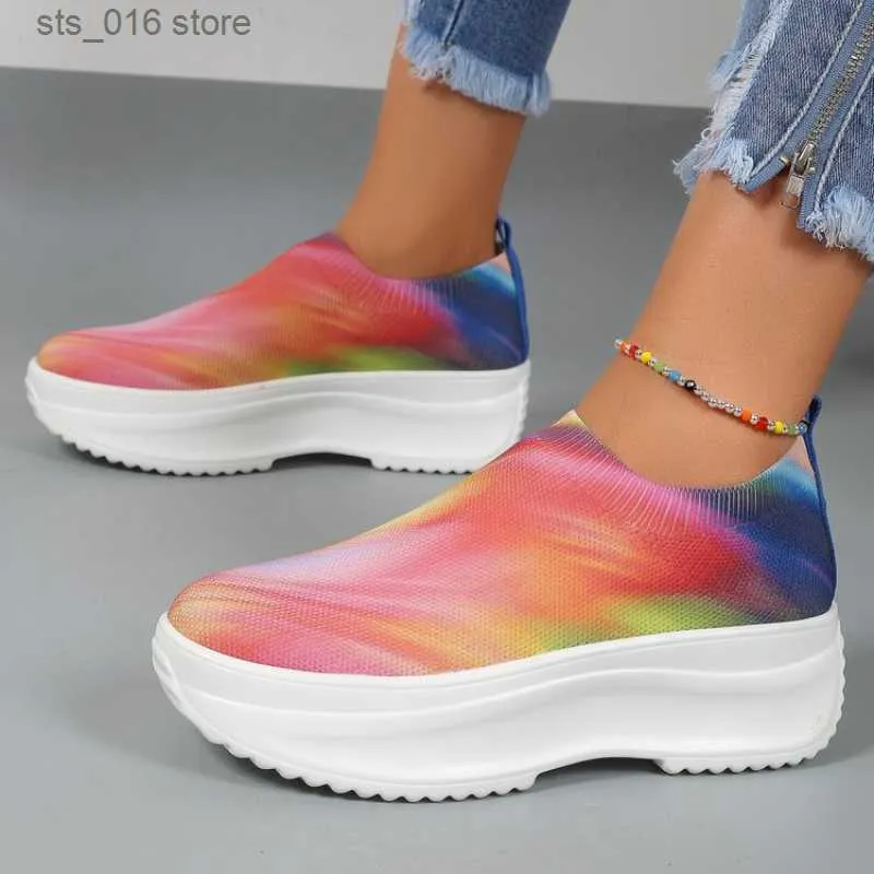Dress Shoes Mixed Color Knitted Sneakers Women 2023 New Slip on Platform Vulcanize Shoes Woman Plus Size Non Slip Walking Shoes Sizes 35-43 T230826