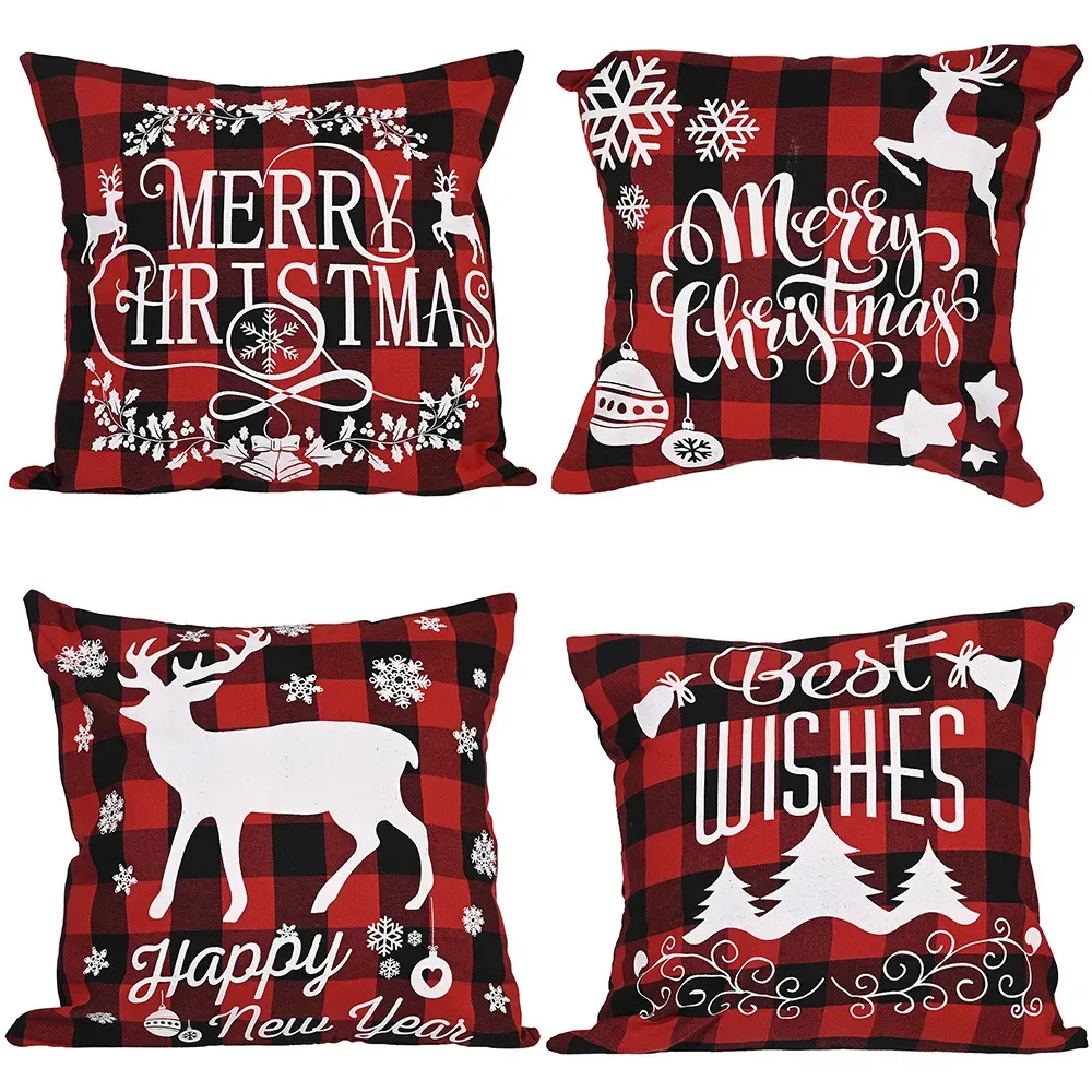 Christmas Pillow Case Black and Red Buffalo Plaid Linen Cushion Cover for Sofa Couch Xmas Decor 18 Inch XBJK2108