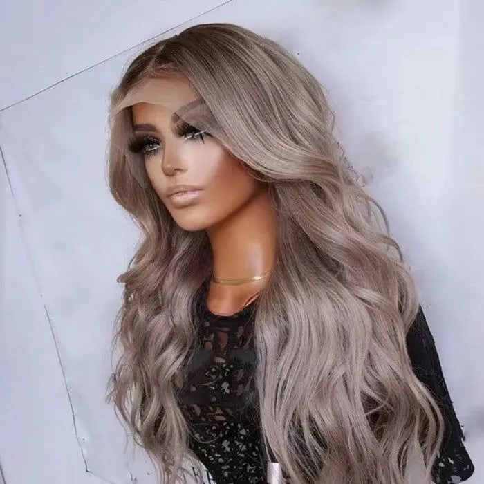 Peruanische Perücke mit lockerer Welle, HD-Spitze vorne, lange blonde, braune Wurzeln, rauchiges Mauve mit punkigen grauen Highlights, mehrfarbige 13x4-Perücke mit Spitze vorne, perruqe für schwarze Frauen