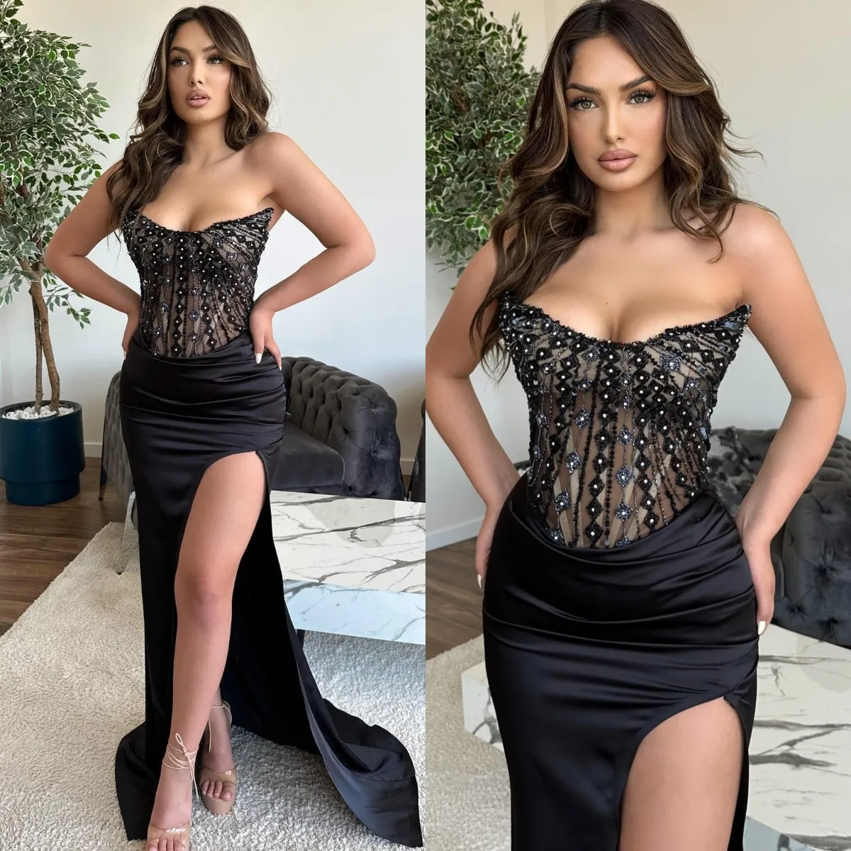 Robe de soirée noire sexy, sans bretelles, effet d'illusion de perles, robe de bal fendue, longue et formelle, tapis rouge, pour occasions spéciales