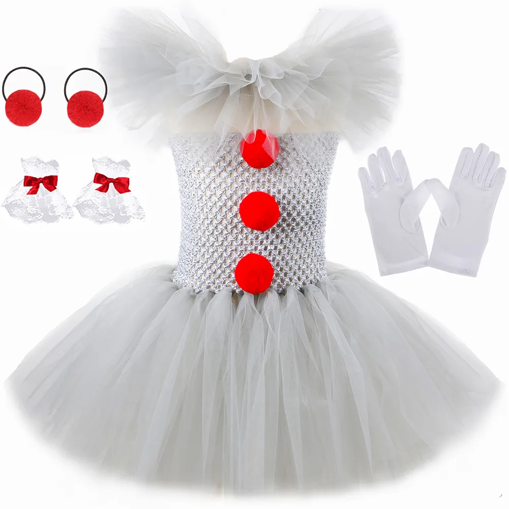 Cosplay Halloween Pennywise Costume pour enfants Clown effrayant Carnaval Vêtements de fête Gris Enfants Filles Fantaisie Tulle Tutu Robe Ensemble 230825