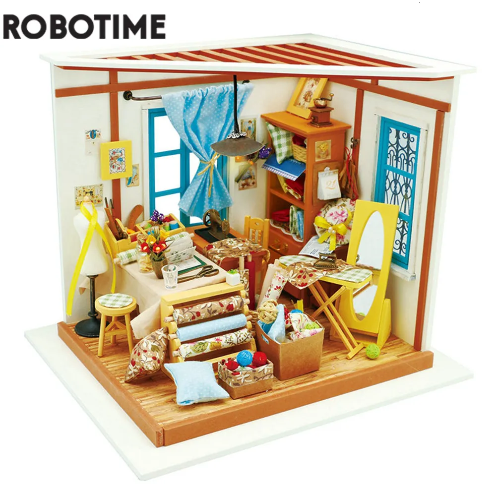 Doll House Accessories Robotime Rolife Doll House DIY Lisa Tailor Shop مع أثاث الأطفال البالغين Grils Miniature Doll House Kits Wooden Toy DG101 230826