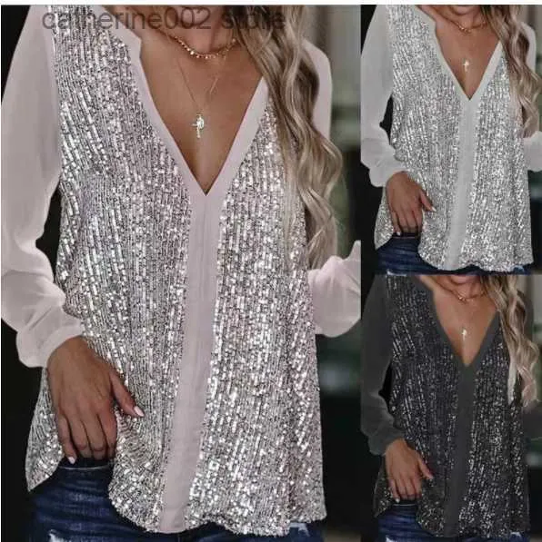 T-shirt Femme 2023 Mode Chemise à paillettes Femme Sexy Casual Manches longues Automne Street Vêtements Chemise Business Ldays Loose Top T230826