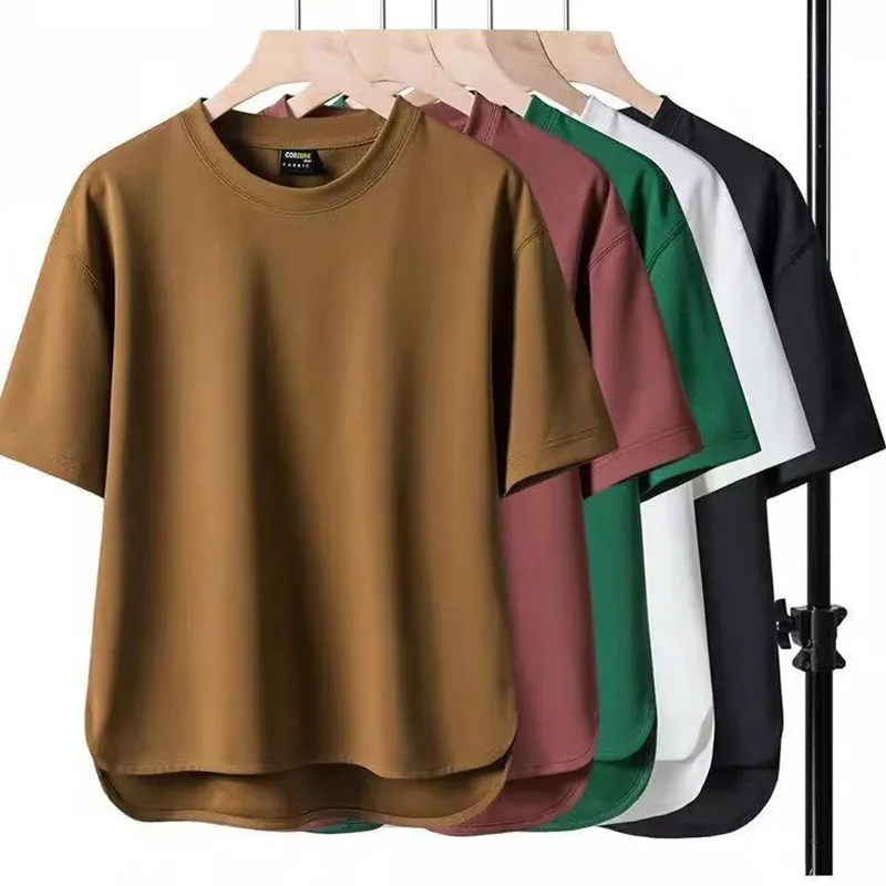 High quality swallowtail loose fitting trend pure cotton short sleeved t-shirt men's trend casual loose fitting round neck top bottom half sleeve