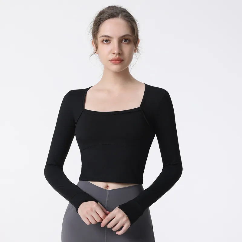 Lu tight yoga t-shirt fitness tops women square collar with chest cushion elasticity breathable thumb hole training running sports long sleeves gym clothes black