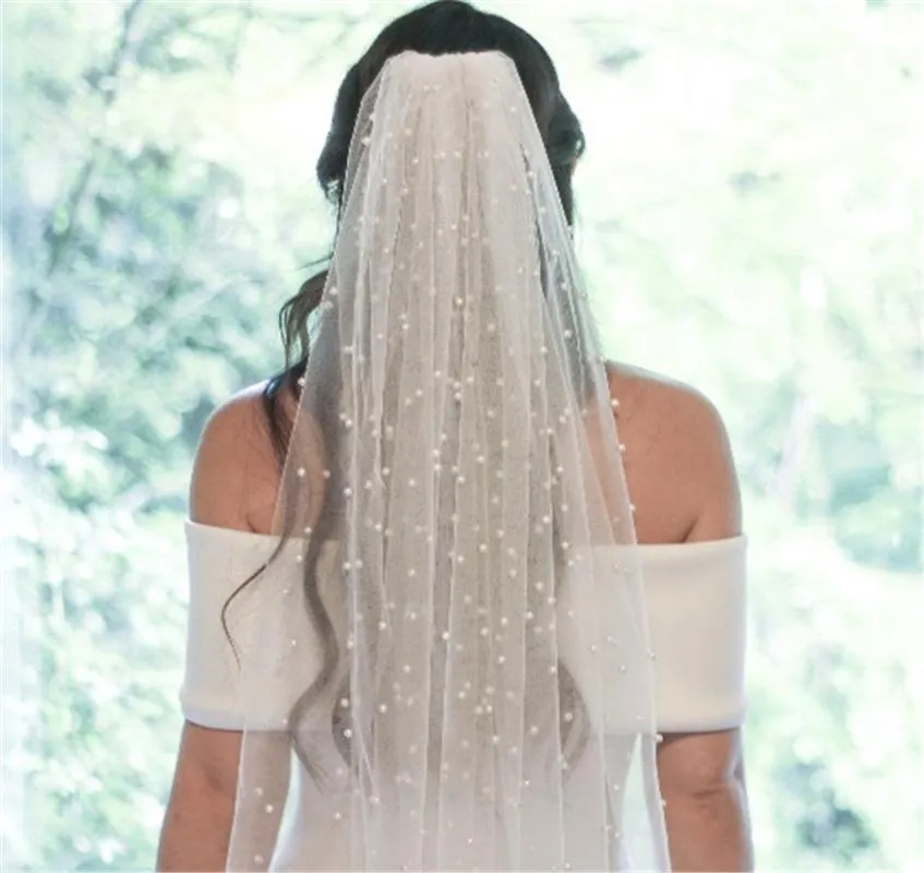 Pearls White Ivory Long Bridal Veil With Comb One Layer Cathedral Wedding Veil with Pearls Velos