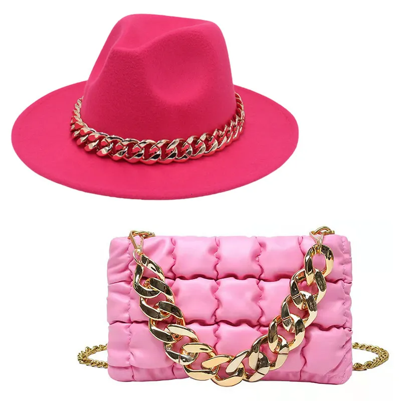 Wide Brim Hats Bucket Fashion Women Hat Accessory Plaid Bag And Fedora Twopiece Set With Luxury Oversized Chain Party Jazz Felt For Ladies 230825