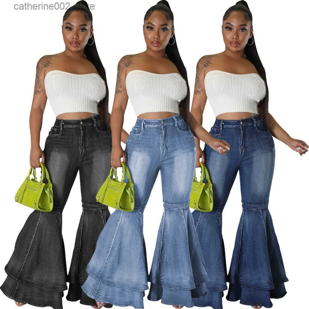 Jeans Femme Jean Stretch noir femmes 2023 mode printemps taille haute grand jean évasé femme décontracté jean moulant pantalon à cloche Streetwear T230826