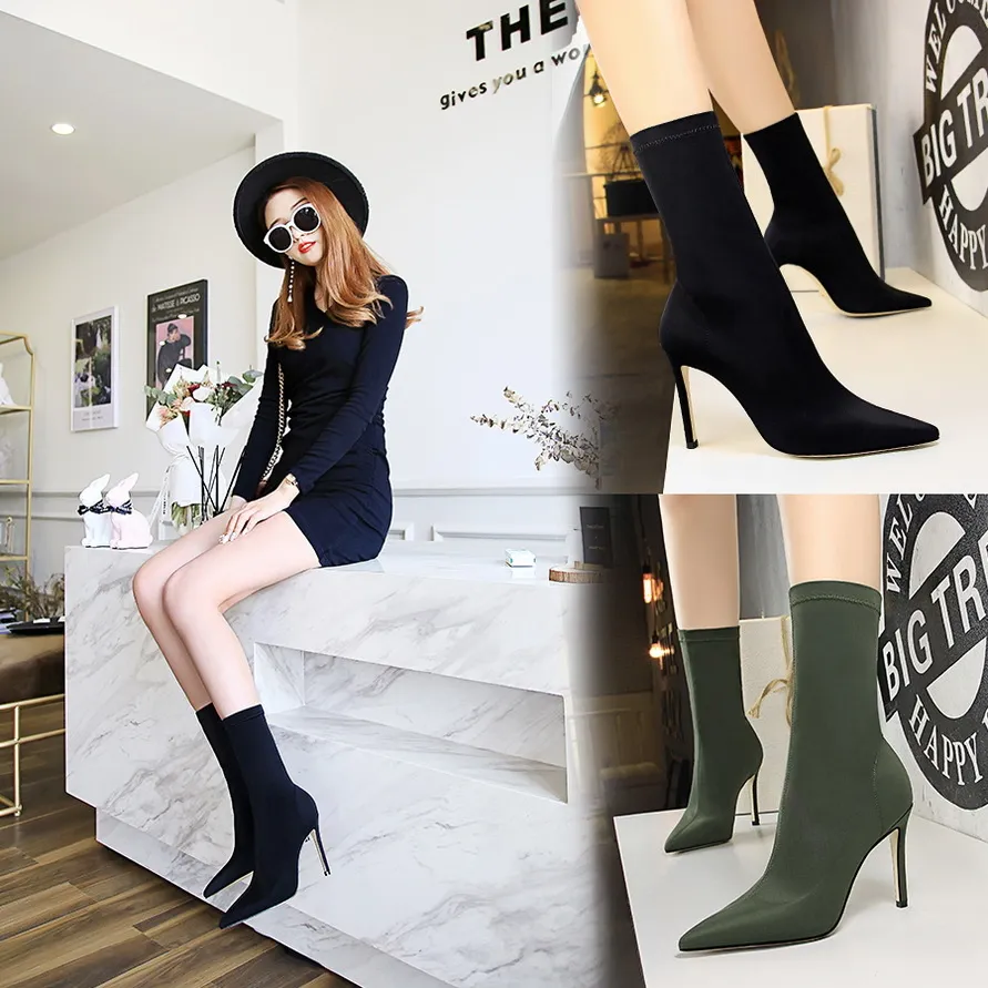 Fashion Simple Slim Heel High Heel Elastic Lycra Women's Boots Sexy Slim Night Club Pointed Short Boots Size 34-43