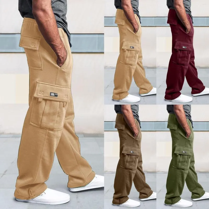 Men's Pants Male Fitness Running Trousers Drawstring Loose Waist Solid Color Pocket Fleece Sweatpants Comfortable Slip Taupe 4 1