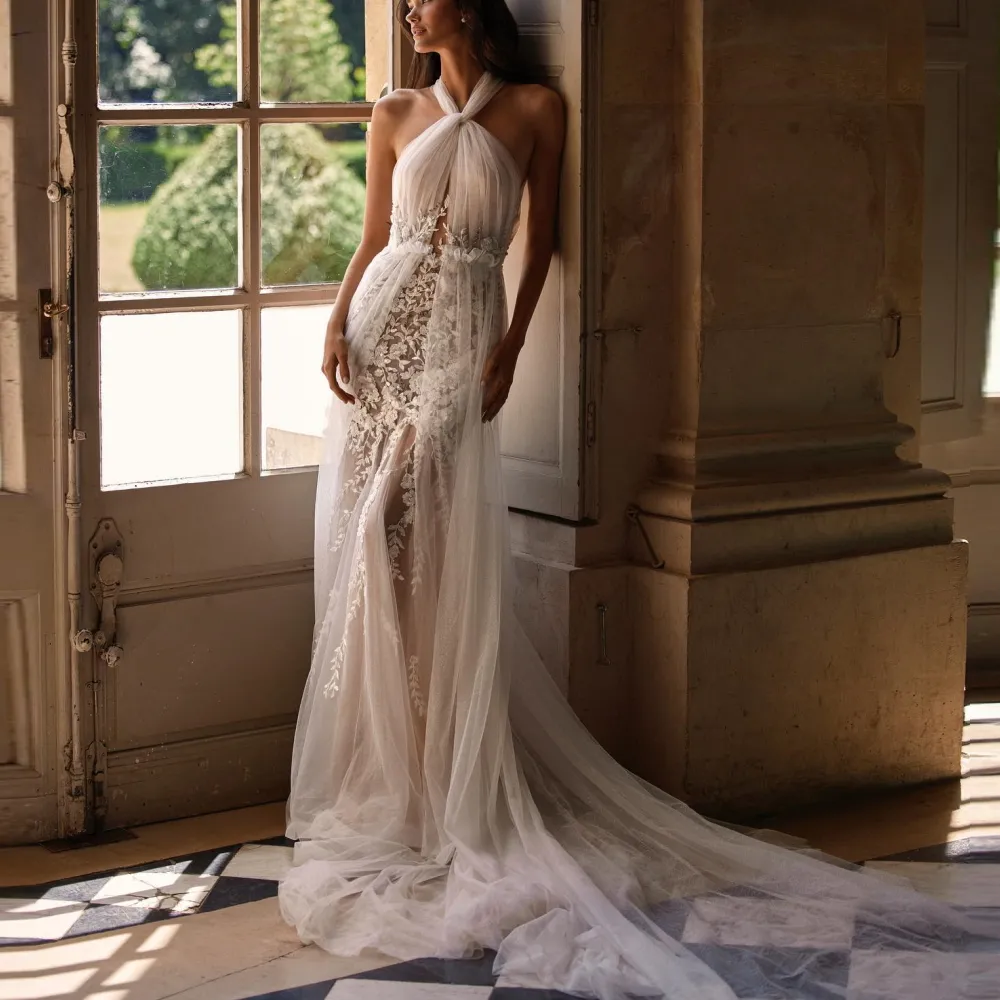 Abiti da sposa a sirena con scollo all'americana sexy illusione Applicazioni di pizzo Abito da sposa con perline Piega increspata Tulle Abito da sposa bohémien