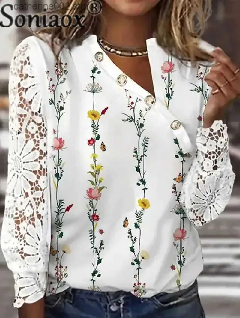 여자 티셔츠 우아한 버튼 장식 경사 목 셔츠 여성 꽃 프린트 레이스 긴 슬리브 탑 여성 여름 캐주얼 통근자 느슨한 블라우스 T230826