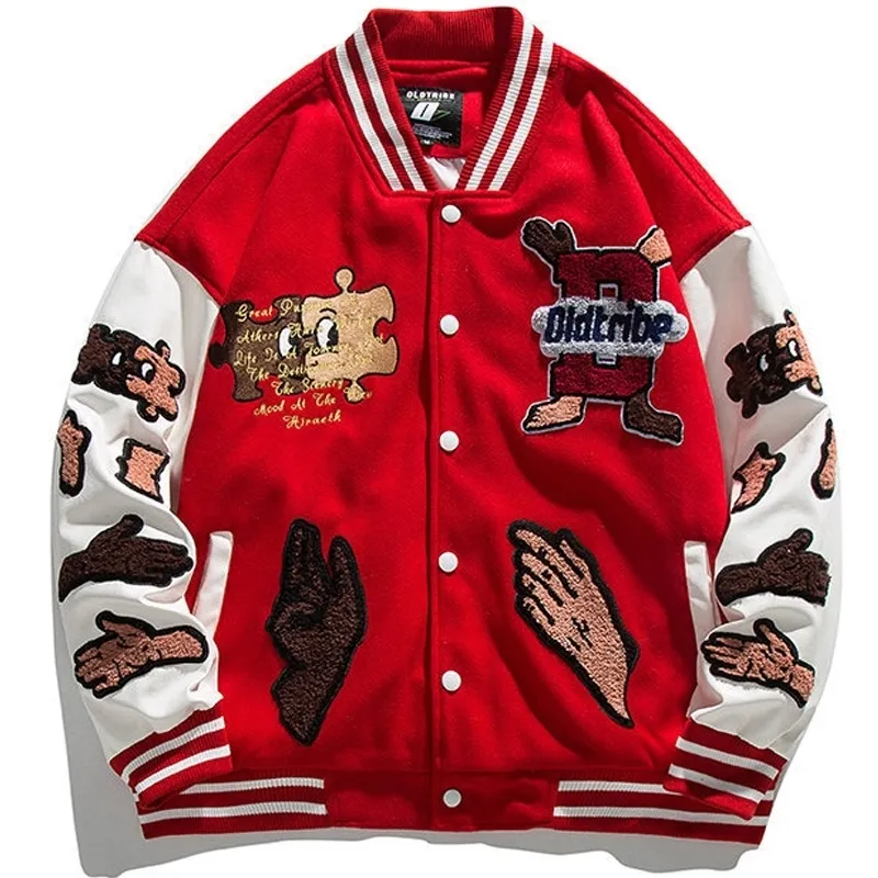 Męskie kurtki High Street Baseball Men Patchwork Furry Hand Letter Hafdery Varsity Kurtka Harajuku Casual Loose Red Płaszcz Streetwear 230825