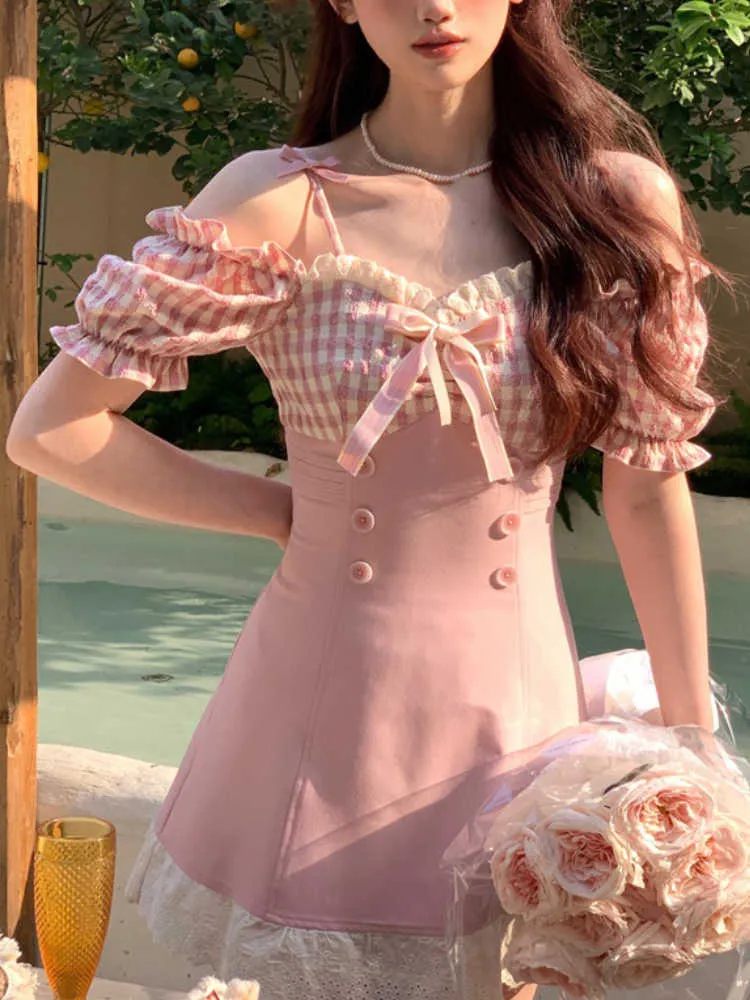 Pink Japanese Kawaii Elegant Dres Plaid Korea Sweet Party Mini Dress Female Off Shoulder French Summer 230808