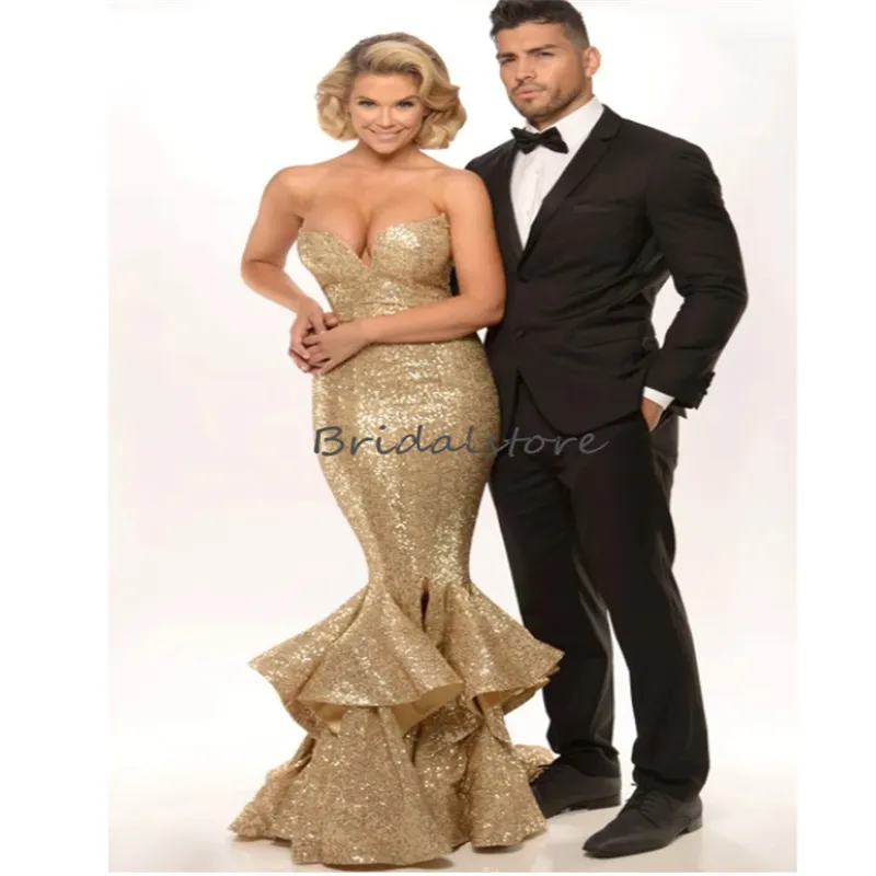 Sparkle Sequin Gold Evening Dress 2023 With Ruffles Elegant Sweetheart Fishtail Mermaid Prom Dress Luxe Women Formal Occasion Vestios De Fiesta Robes De Soiree