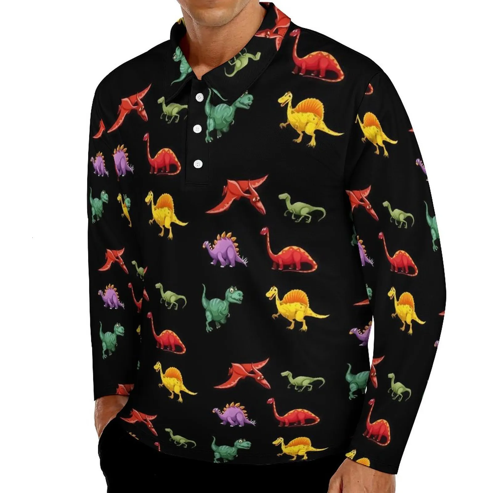 Polo da uomo Simpatico dinosauro Polo casual Maglietta colorata con animali Maglietta a maniche lunghe Grafica Autunno Street Style Abiti oversize Regalo 230825