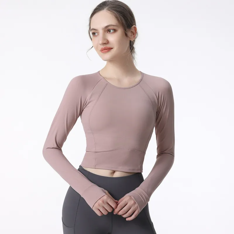 Yoga tops camiseta lu mangas compridas com almofada no peito treino de corrida feminino roupas de ginástica de secagem rápida roupas de ginástica apertadas na barriga rosa