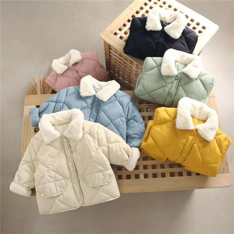 Ceketler Kış Kışları Sıcak Pamuk Ceketleri Tavşan Kürk Yaka Katlar Bebek Kısa Kapsamlı Ceket Çocuk Giysileri Kız Boy Dış Giyim 230825