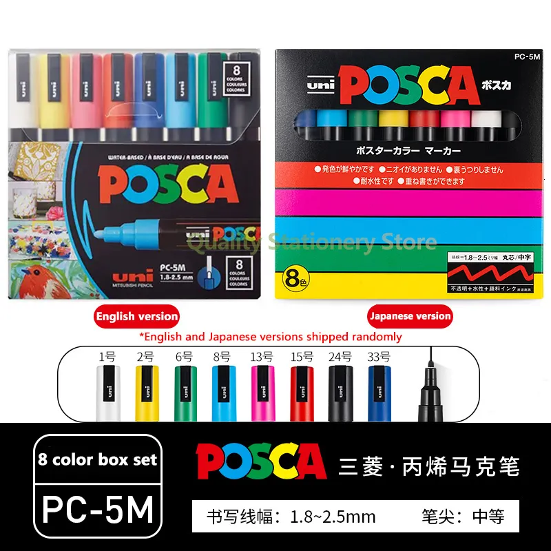 Uni Poscas Acrylic Full Set Marker Pens Permanent Paint Pen PC-1M/3M/5M  Storage Bag Art Stationery Poster Advertising Graffiti