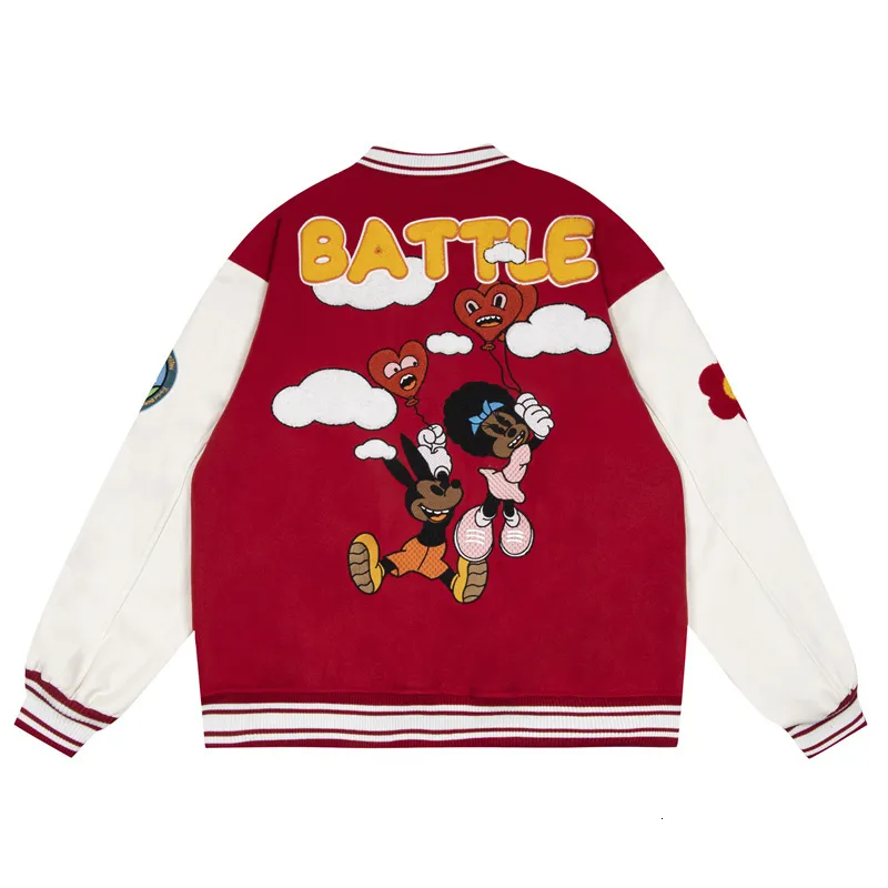 Män s jackor män vintage varsity baseball jacka tecknad djur hjärtblommor broderi college streetwear harajuku par bombplan rockar 230826