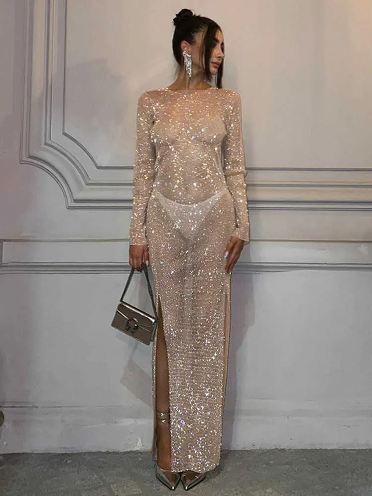 Elegant Sheer Mesh Party Dress - Sexy See Through Long Sleeve Diamond Slit  Dress, Evening Club Vestidos for Women - Buy Now! from Dhgate Basic &  Casual Dresses - price 33.17