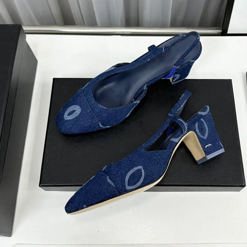 Damen-Slingback-Kleiderschuhe, Slip-on-Loafer, Ballettschuhe mit Schleife, Designer-Jeansblau, Schwarz, klobige niedrige Absätze, quadratische Zehen, Sandalen, Damen-Hochzeitsschuh, Mädchen-Slides