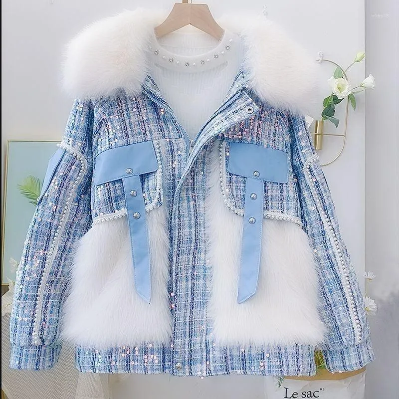 Women's Fur 2023 Autumn Winter Fashion Small Fragrance Thickened Artificial Splice Sequin Beaded Mid Length Imitation Coat