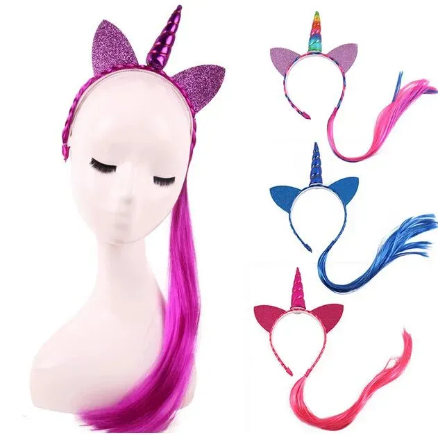 Rainbow Color Ponytail Unicorn Headbands Glitter Ears Kids Girls Princess Braid Wig Hairbands Hair Accessories GA243