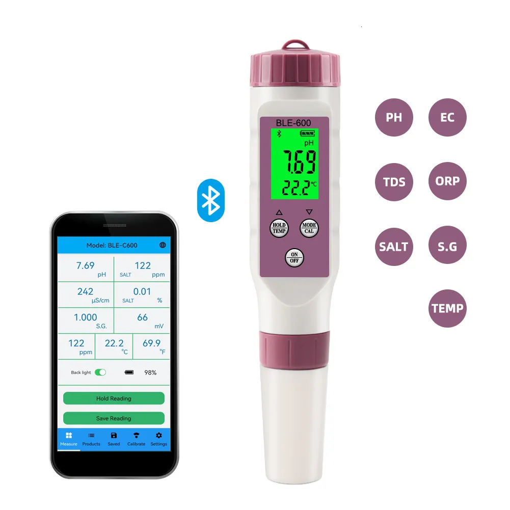 Misuratori PH est Blue Tooth Misuratore PH 7 in 1 PH/EC/TDS/ORP/SALE/S.G/TEMP Monitor online APP Intelligente per acqua potabile Tester per acquari 230826