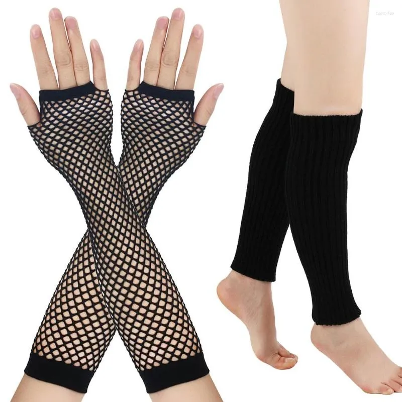 Knee Pads 1Set Leg Warmer And Arm Cover Solid Color Fishnet Long Fingerless Gloves Knitted Wool Foot Warmers Footless Socks Halloween