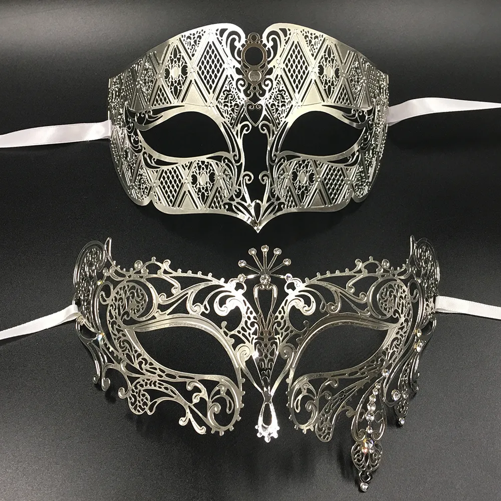 Party Masks Silver Metal Filigree Men Women Venetian Masquerade Ball Lovers Gold Mardi Gras Shows Wedding Par Mask Set 230825