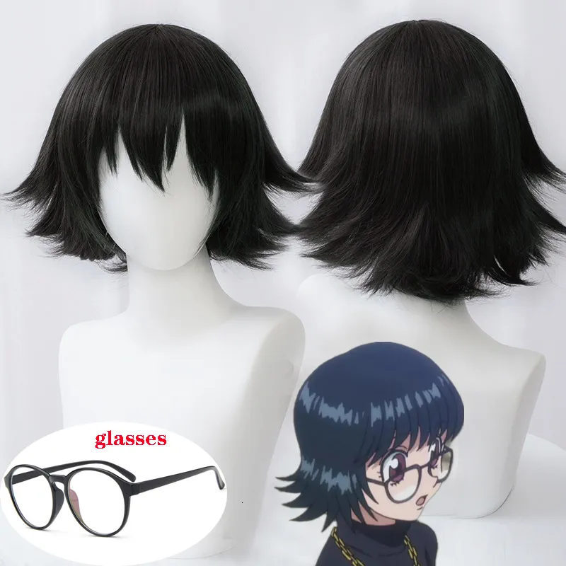 Cosplay Wigs Anime Hunter x Hunter Shizuku Murasaki peruk med glasögon kort svart stil värmebeständig syntetiska hår peruker gratis peruk cap 230826