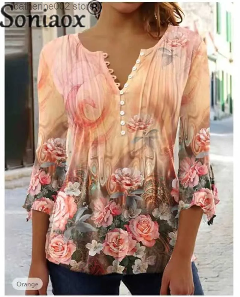 Kobiety koszulki damskiej wiosna lato swobodny kwiatowy nadruk plisowany dno koszulka żeńska guzik v szyja siedmiopunktowa bluzka bluzka Kobiety dojeżdżające nowe blaty T230826