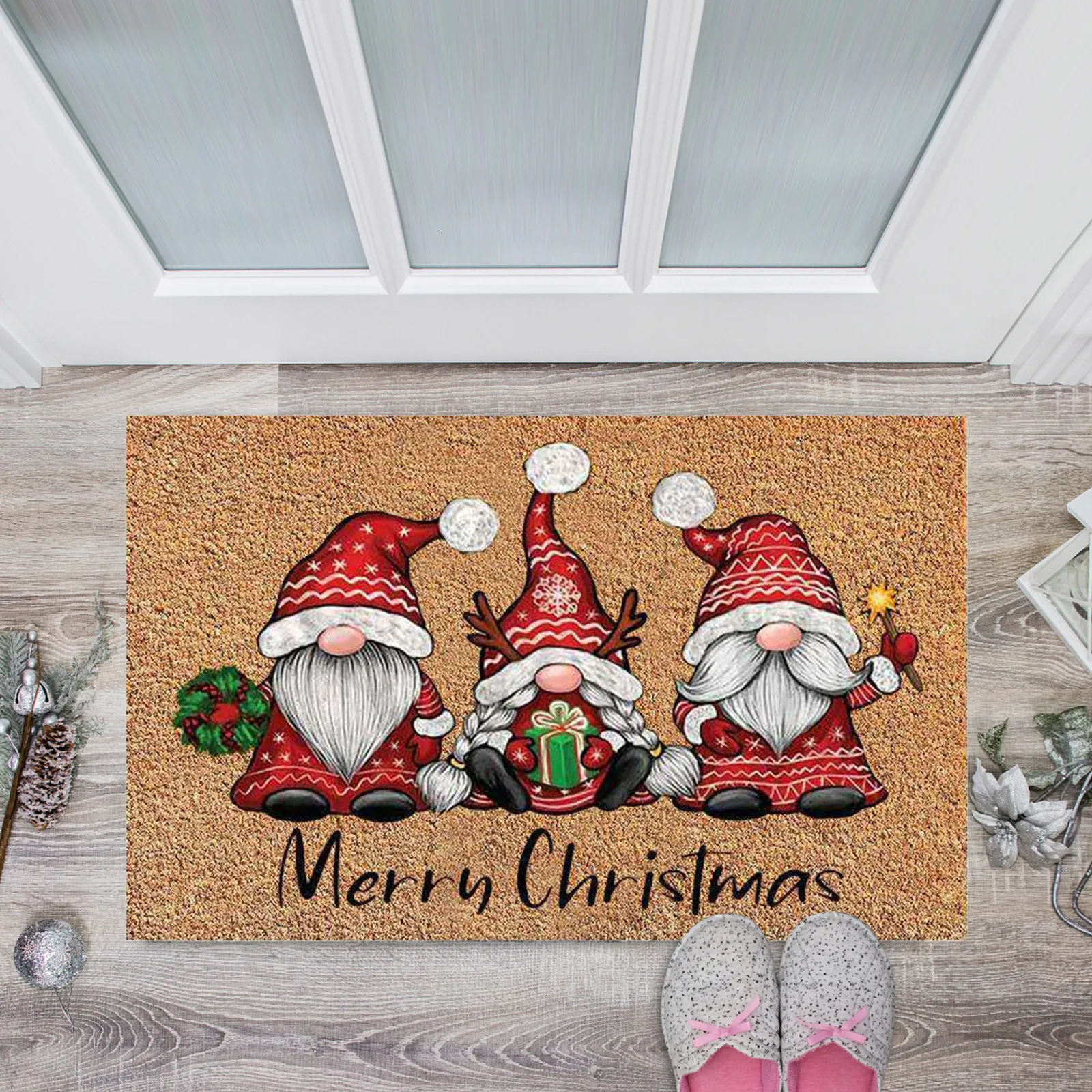 Tapis Joyeux Noël Gnome Paillasson Noël Vacances Bienvenue Tapis de Sol Tapis pour Porte d'entrée Drôle Antidérapant en Caoutchouc Dos Hiver Maison Cuisine 230825