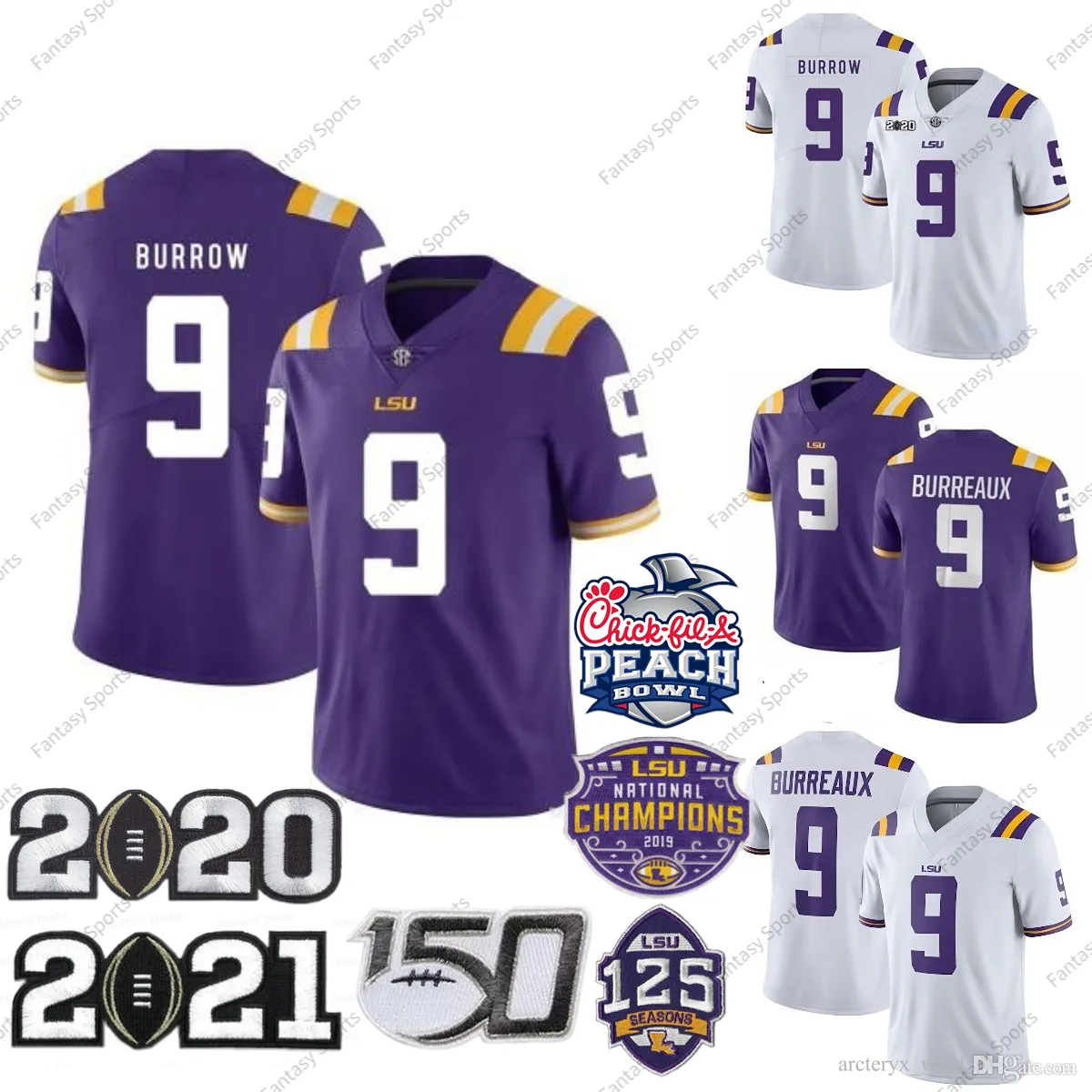 Burreaux 9 Joe Burrow LSU Tigers Football Jersey College Hommes Maillots cousus Violet Blanc 125e 150e SEC Tous les points de broderie