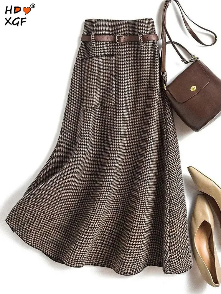 Skirts Elegant Houndstooth Print Woolen Plus Size Long For Women Autumn Winter High Waist A line Bag Hip Skirt Casual Slim 230826
