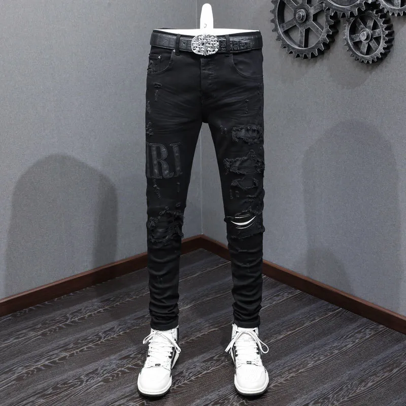 Men's Jeans Streetwear Fashion Men Black Stretch Trendy Trousers Skinny Fit Ripped Brand Patch Designer Hip Hop Pants Hombre 230825
