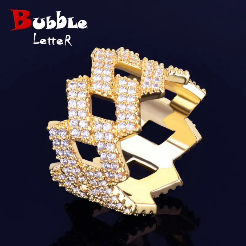 Bandringe Bubble Letter Miami Cuban Link Ringe für Männer Goldfarbe Iced Out Vollzirkon Hip Hop Rock Schmuck Trend 230826