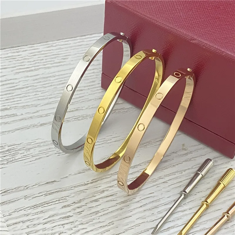 luxury advanced edition designer bracelet bangle for women titanium steel plated gold silver bracelets with screwdriver 4mm wide size 16-19 womens bangles jewelry