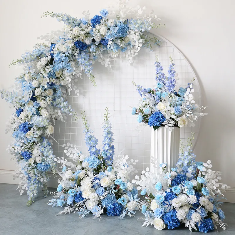 Decorative Flowers Wreaths White Rose Blue Delphinium Artificial Flower Row Hanging Wedding Party Background Arch Decor Road Lead Floral Ball Props 230825
