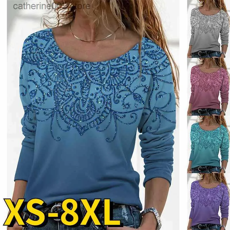 Kvinnors t-shirt 2023 Autumn Round Neck Borsted Spring Women's Daily Long Sleeve Fashion Top Casual T-shirt Retro Print T-shirt T230826