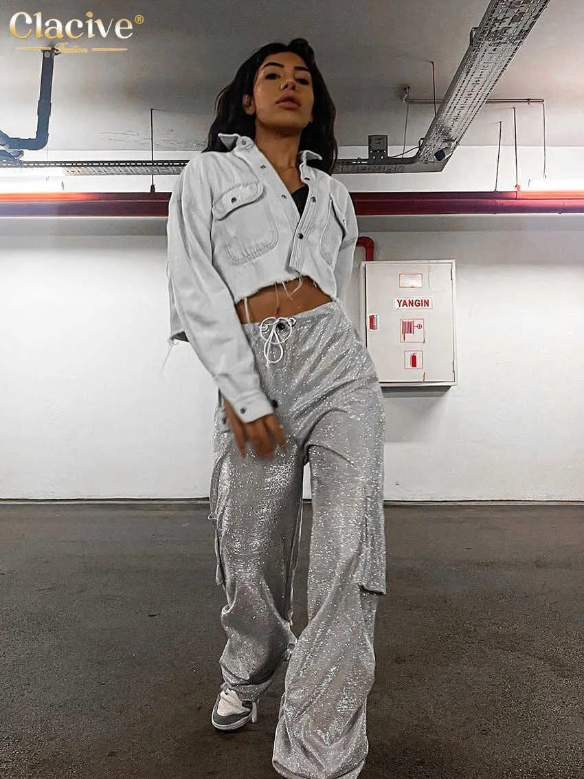 Women's Pants Capris Clacive Fashion Silver Shiny Women's Pants 2023 Elegant High Waist Full Length Freight Pants Street Loose Lace Pants T230825