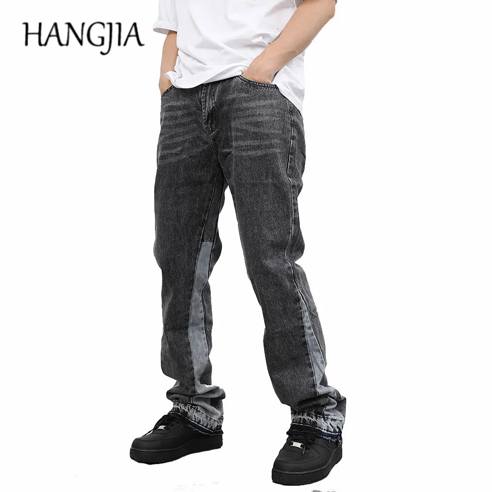 Dżinsy kobiety vintage patchwork Flare Urban Men Streetwear szerokie nogi dżinsowe spodnie Hip Hop czarny kolor blokada szczupła dopasowanie do 230826