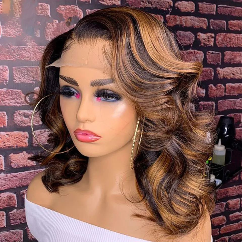 Glueless Highlight Bob Wig Human Hair Wear and Go Body Wave Lace Front Wig for Women Brazilian Preplucked Pre Cut Closure Wig
