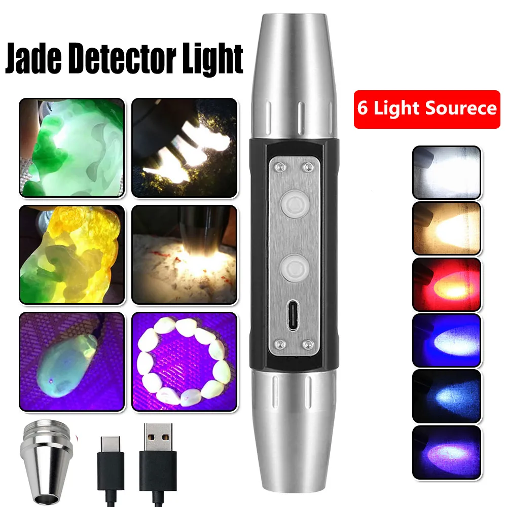 Zaklampen Zaklampen 6 lichtbronnen Jade Inspectielamp 365 395NM UV Ultraviolet USB Oplaadbare detector Zaklamp voor Emerald Sieraden 230826