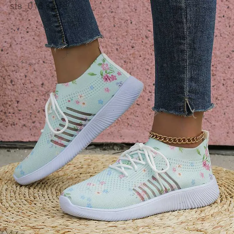 Dress Shoes Lace-Up Print Flat Shoes Women 2023 Striped Breathable Knitting Sneakers Women's Lightweight Soft Bottom Casual Sports Shoes T230826