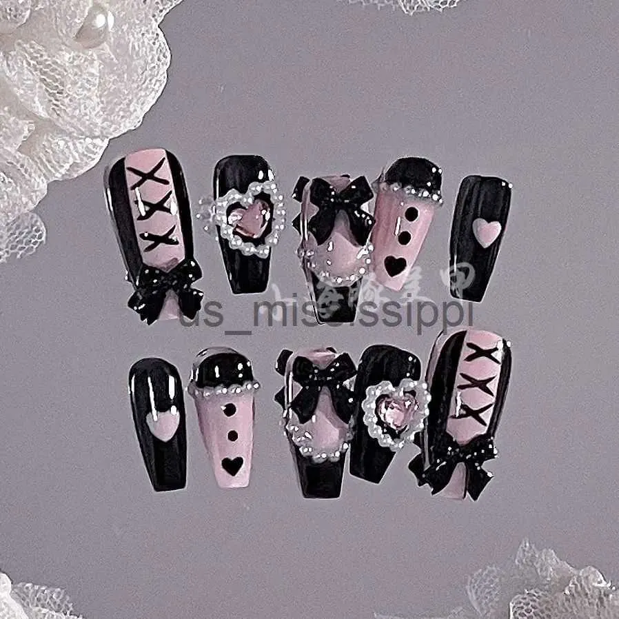 False Nails Sweet Cool Style Babes Lace Bow Nail Patch Handmade Fake Nail Stickers Wearing Nail Piece Finished Product Detachable x0826