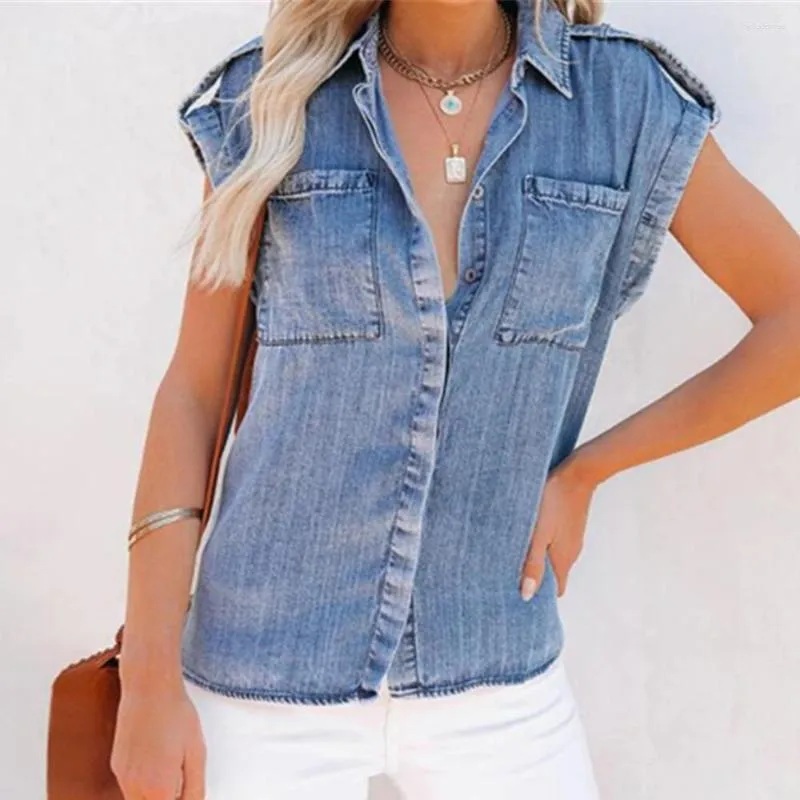 Kadınlar için Kadınlar Bozlar Kadınlar Yaz Kısa Kollu Vintage Denim Cep Üstleri Jeans Blusas Feminas