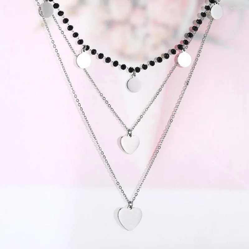 Collier ras du cou en acier inoxydable pour femmes, breloques en forme d'arbre, cœur, étoile, trèfle, chaîne de perles de cristal noir, bijoux tendance